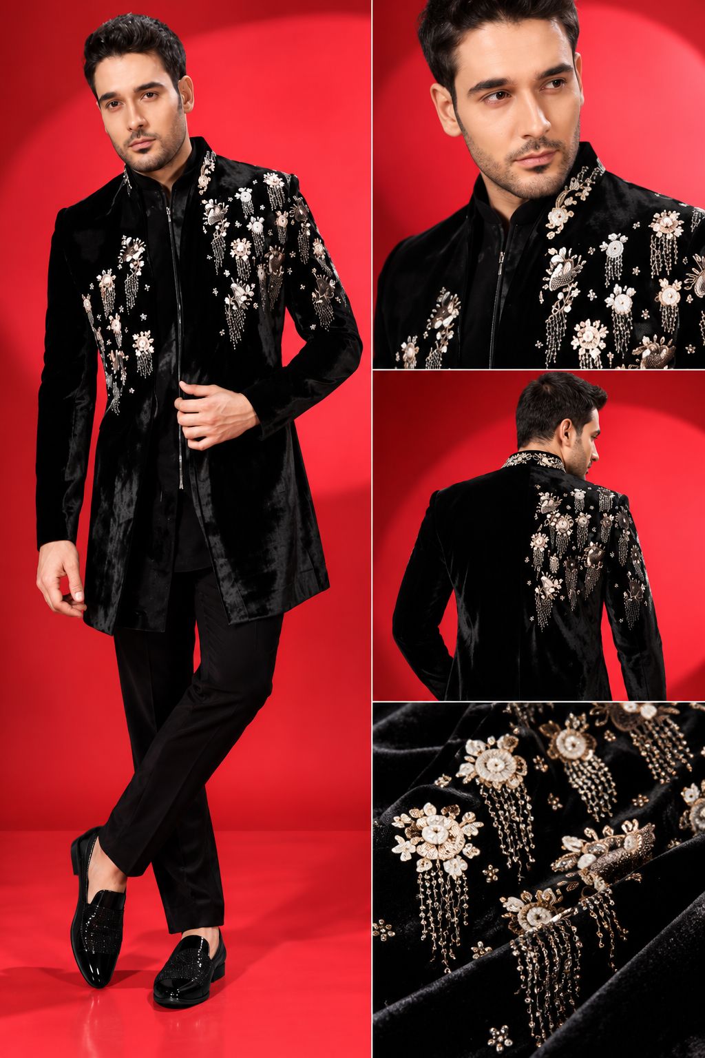 Black Velvet Floral Embroidered Indo-Western Set