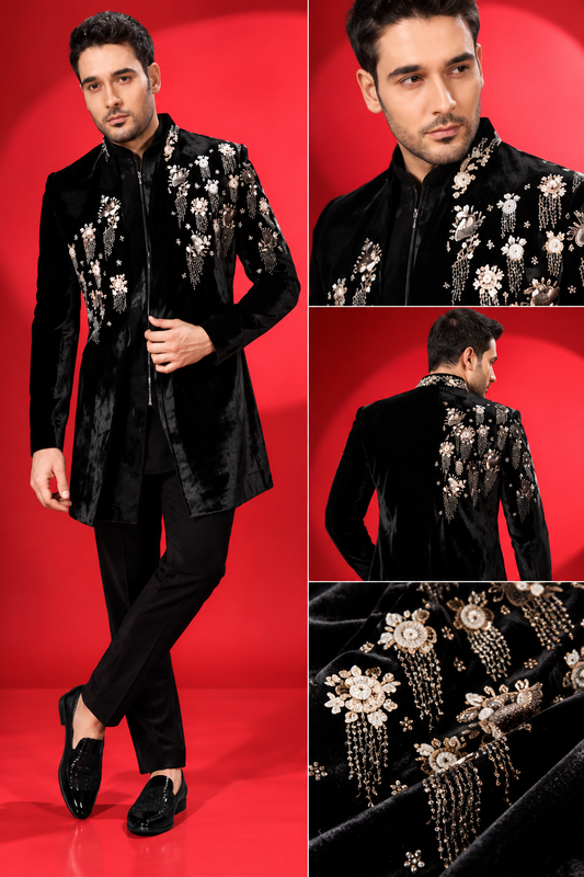 Black Velvet Floral Embroidered Indo-Western Set