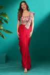 Ruby Red Saree with Silver Floral Embellishments