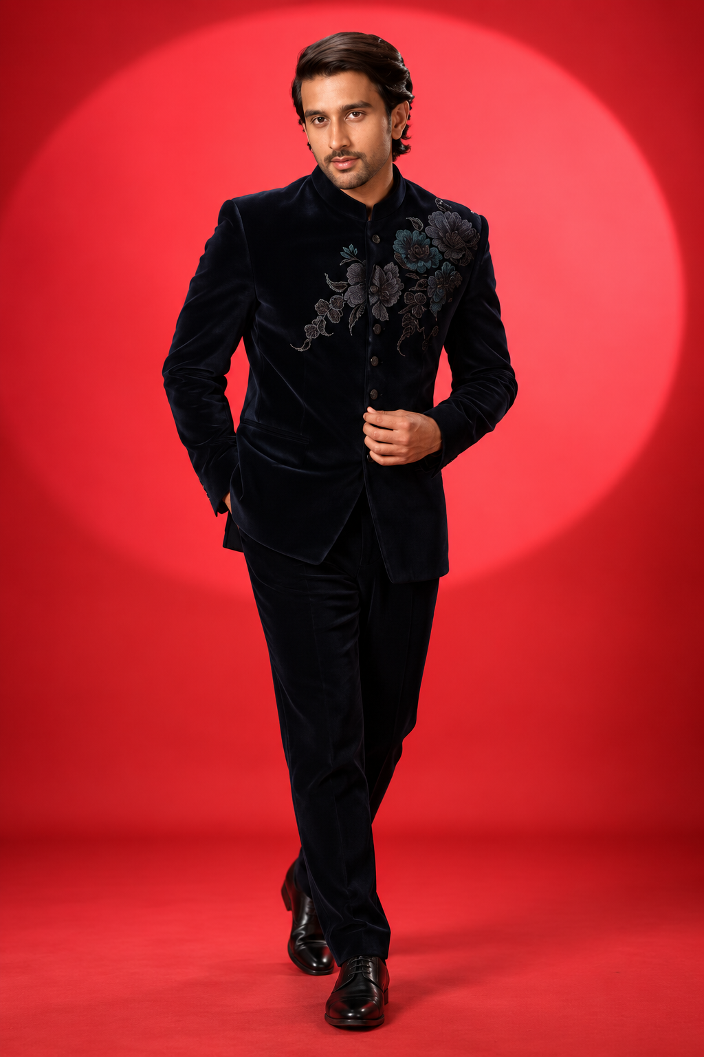 Midnight Navy Floral Embroidered Bandhgala Suit