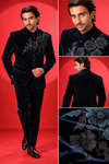 Midnight Navy Floral Embroidered Bandhgala Suit