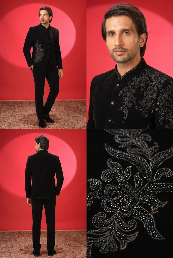 Black Velvet Embroidered Jodhpuri Suit