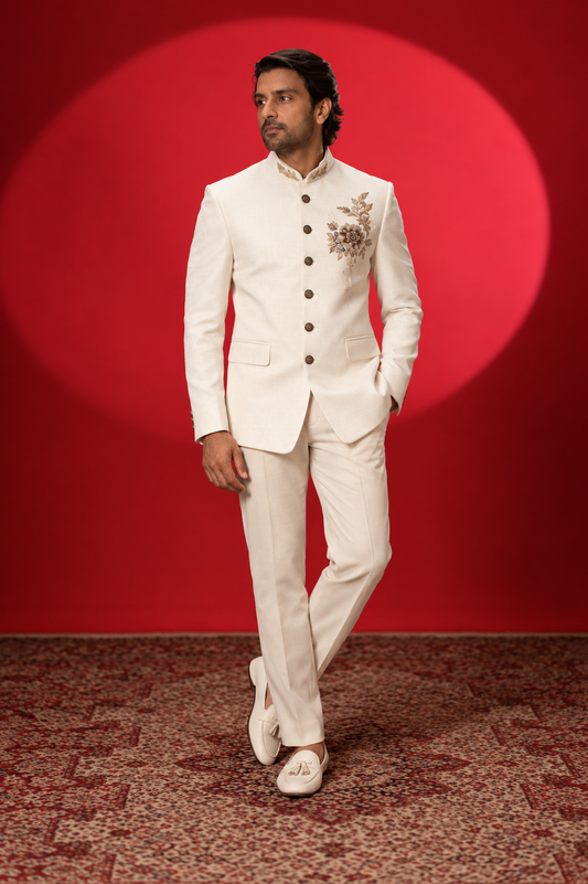 Ivory Floral Embroidered Jodhpuri Suit