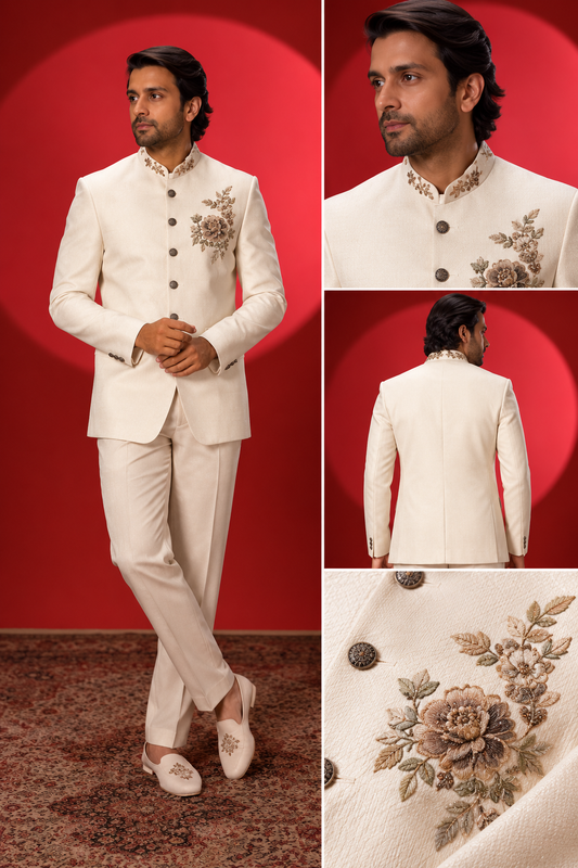 Ivory Floral Embroidered Jodhpuri Suit