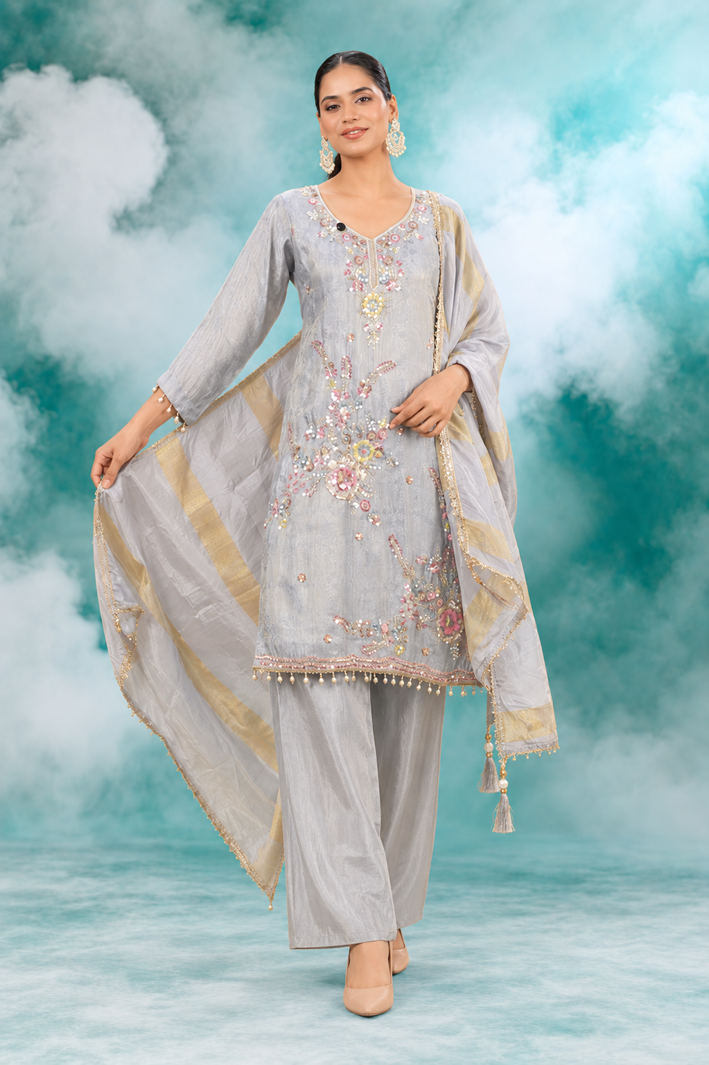Silver Mist Embroidered Dupatta Set