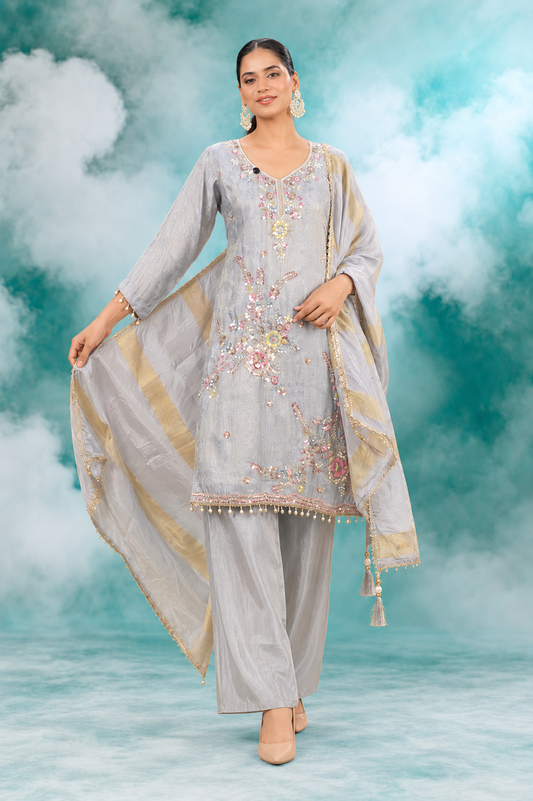 Silver Mist Embroidered Dupatta Set