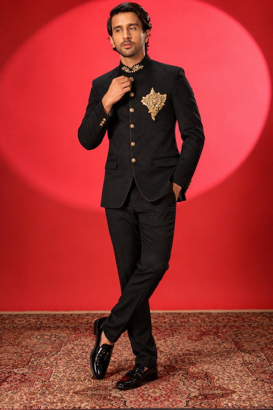 Royal Black & Gold Embroidered Jodhpuri Suit