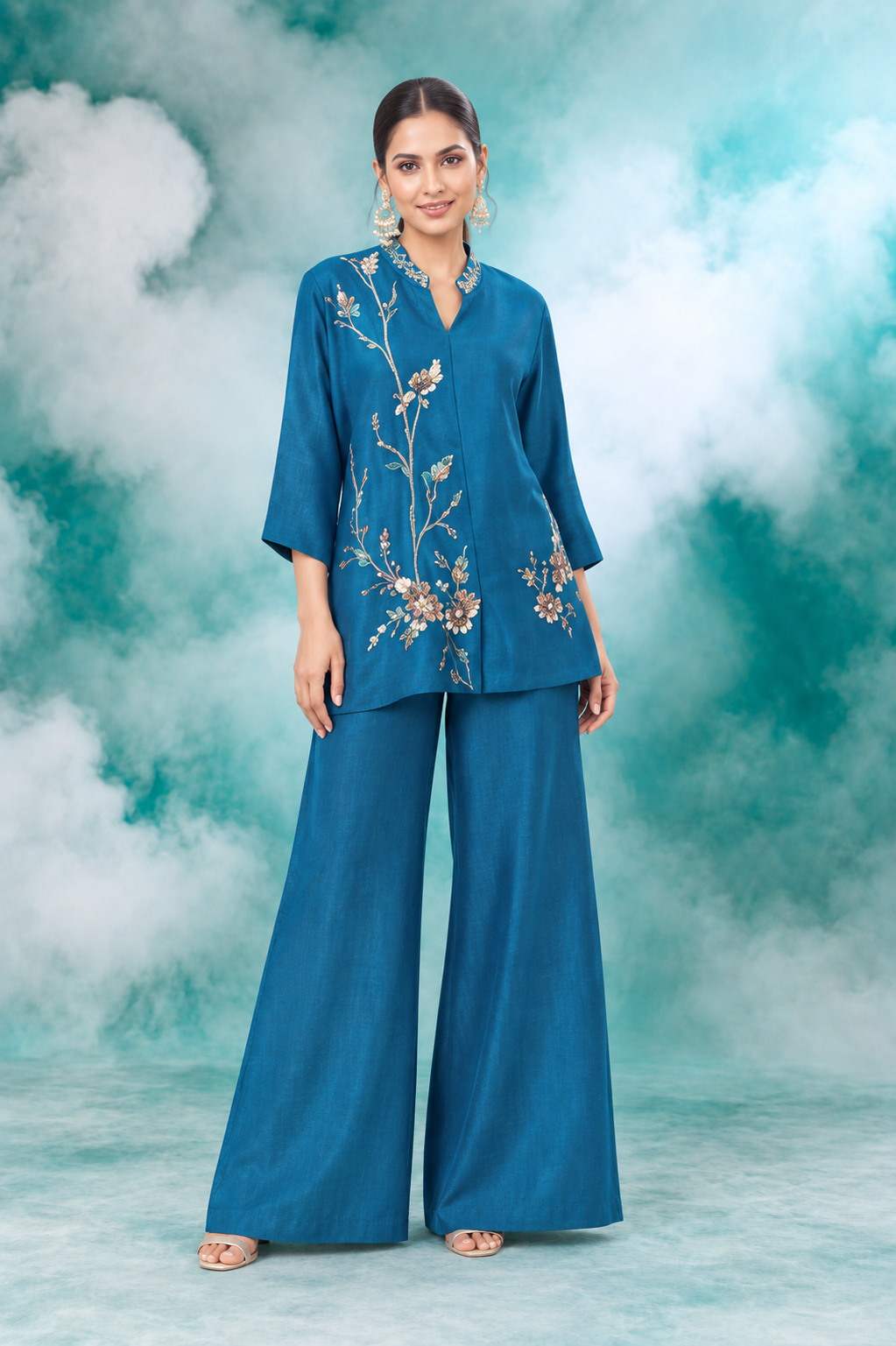Teal Blue Floral Embroidered Co-Ord Set
