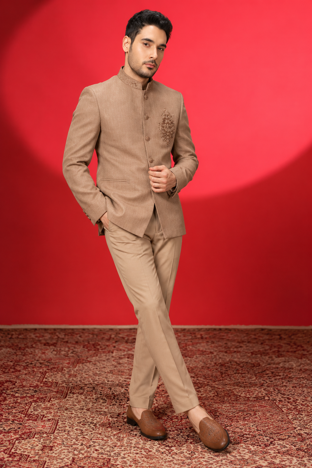 Elegant Tan Embroidered Jodhpuri Suit