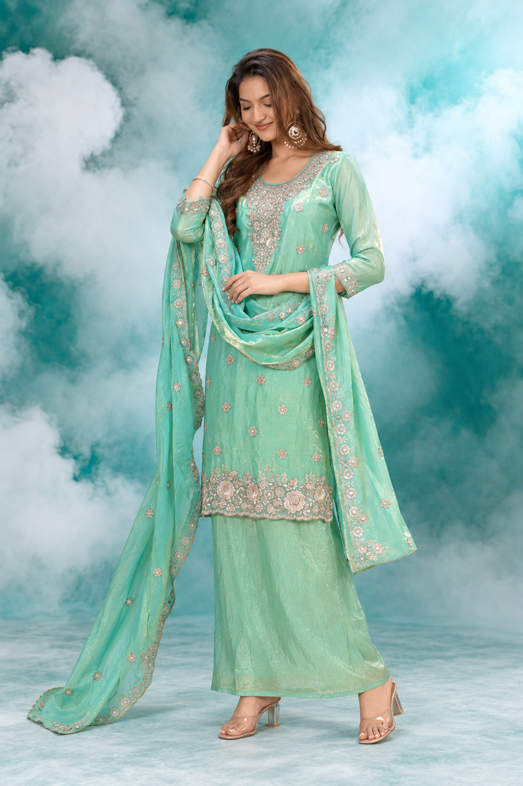 Mint Aqua Embroidered Dupatta Set