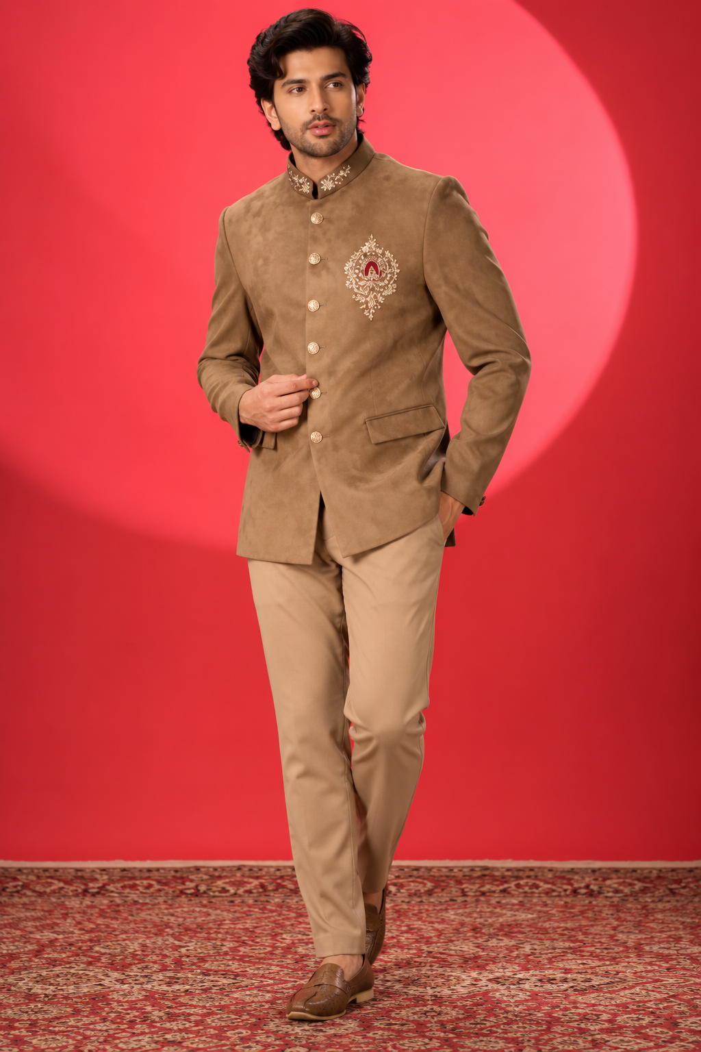 Royal Camel Brown Embroidered Jodhpuri Suit