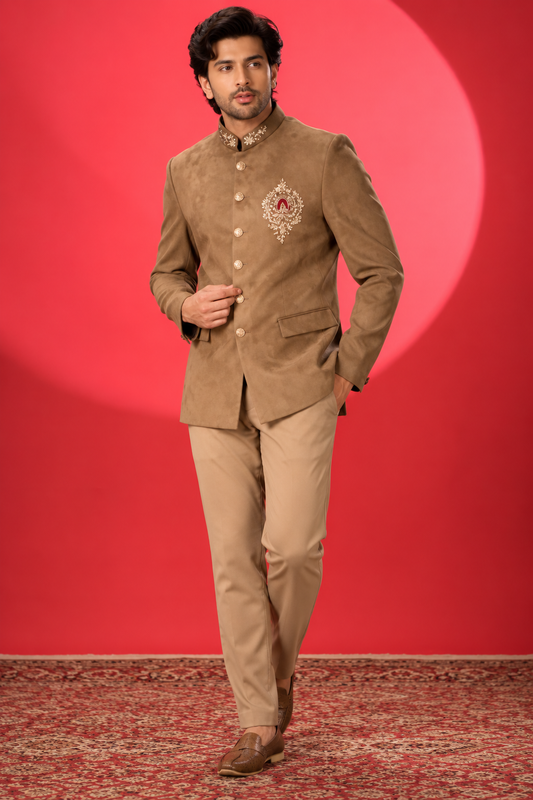 Royal Camel Brown Embroidered Jodhpuri Suit