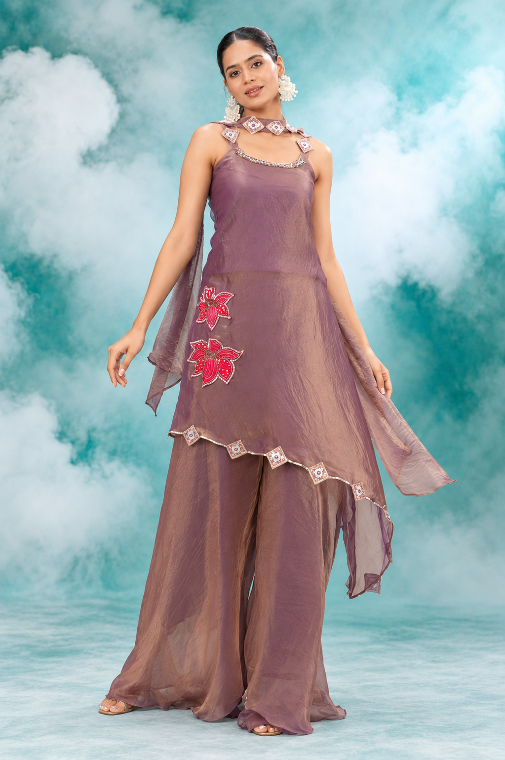 Mauve Blossom Embellished Dupatta Set