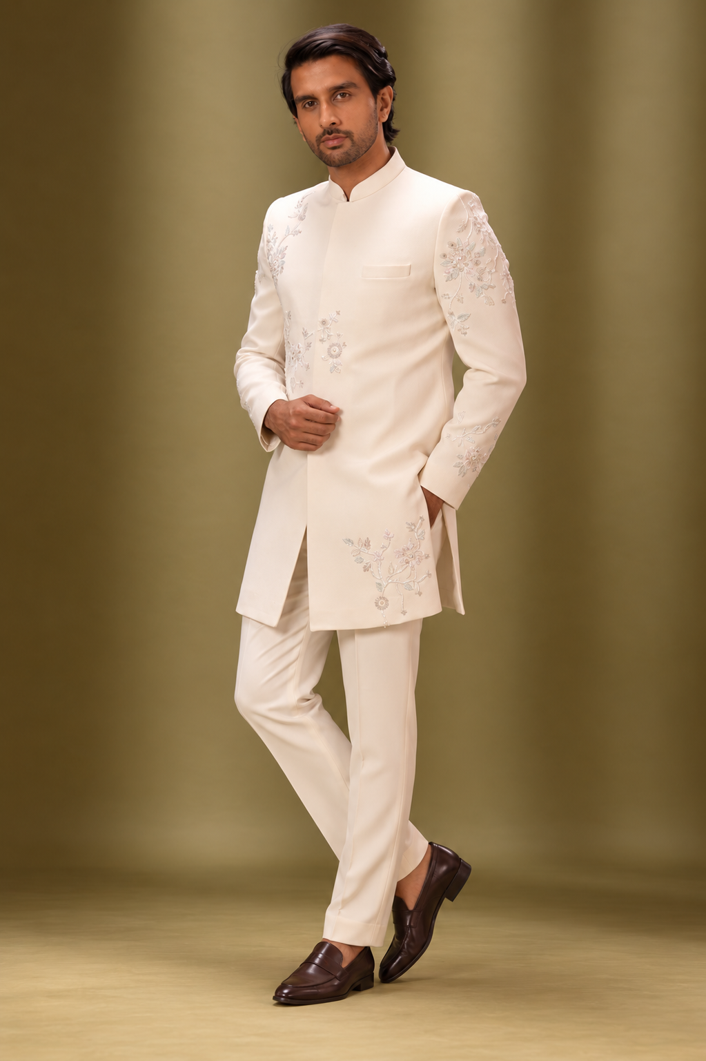 Ivory Floral Embroidered Indo-Western Set