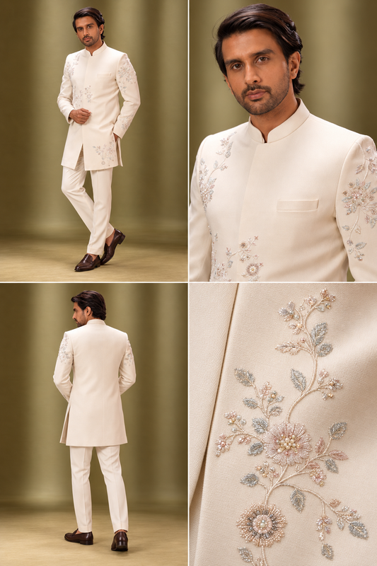 Ivory Floral Embroidered Indo-Western Set