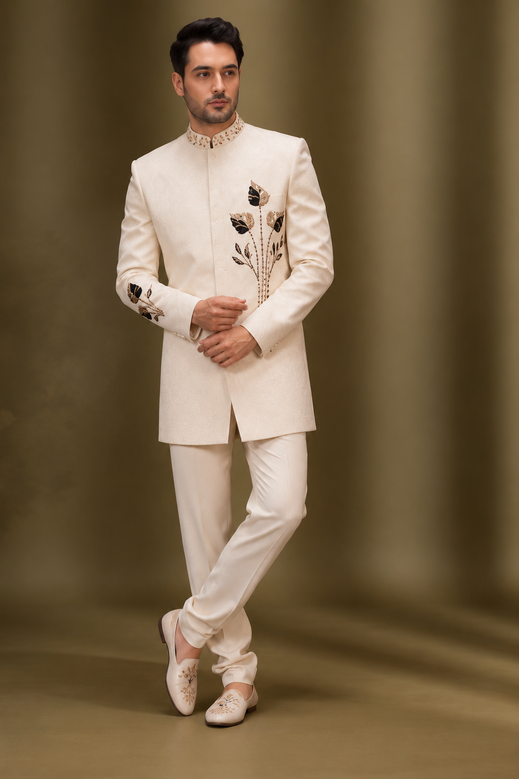 Ivory Indo-Western Set with Black & Gold Floral Embroidery