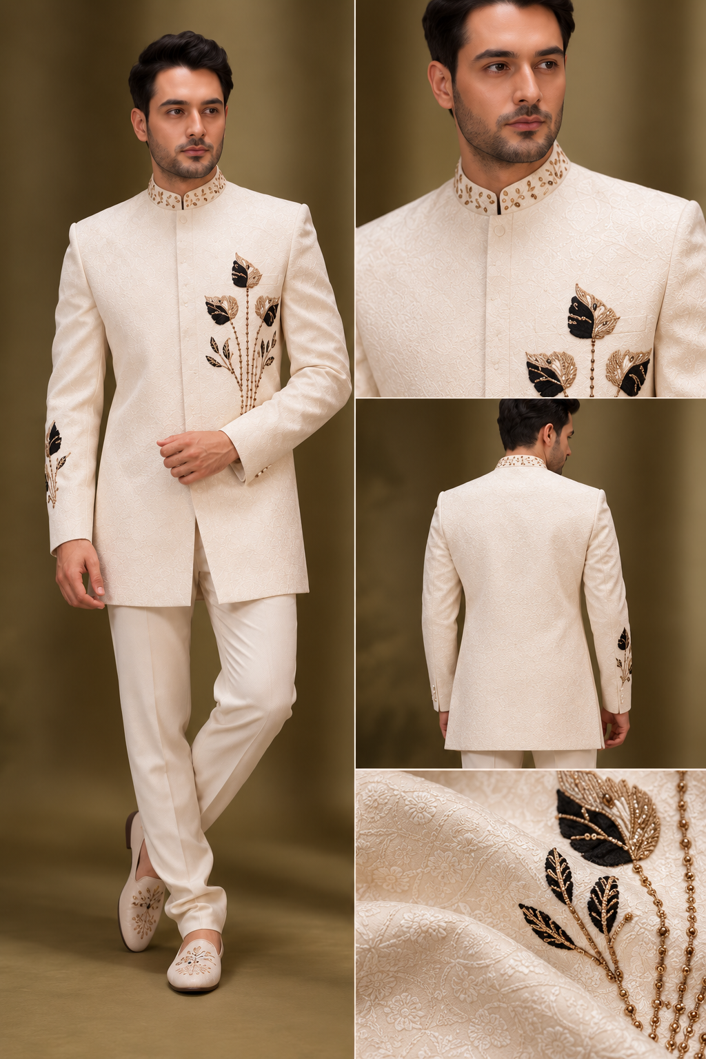 Ivory Indo-Western Set with Black & Gold Floral Embroidery