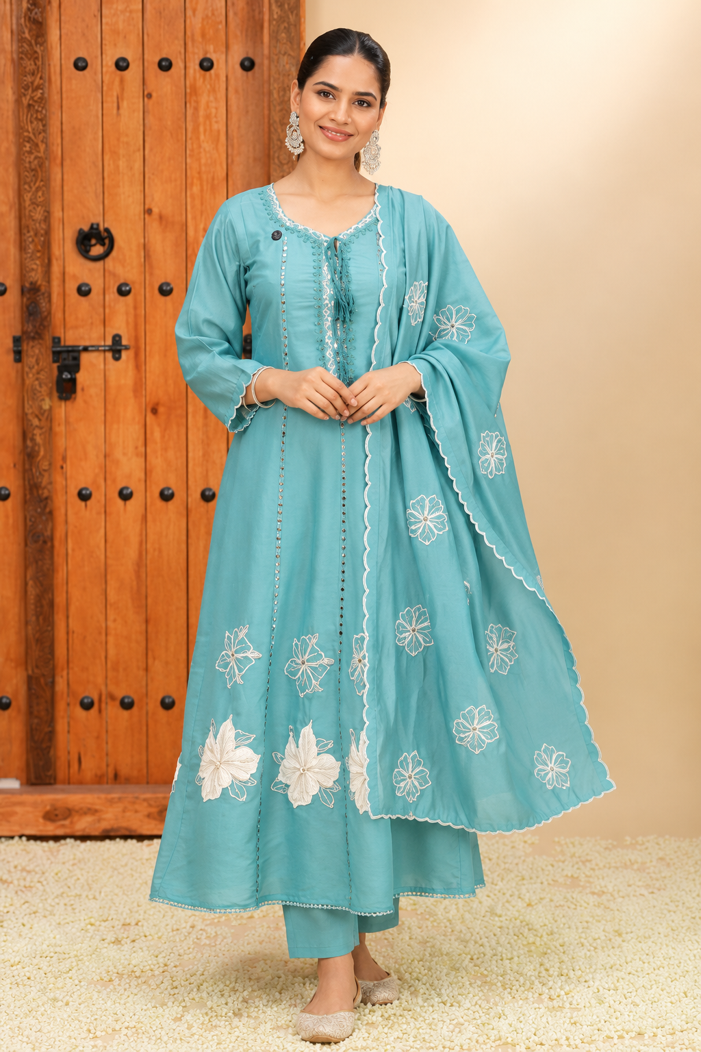 Aqua Blue Floral Embroidered Dupatta Set