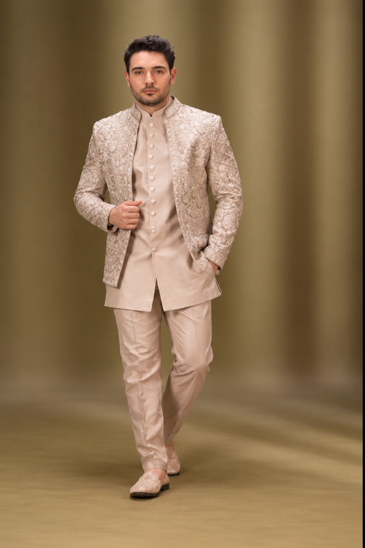 Champagne Beige Embroidered Indo-Western Set