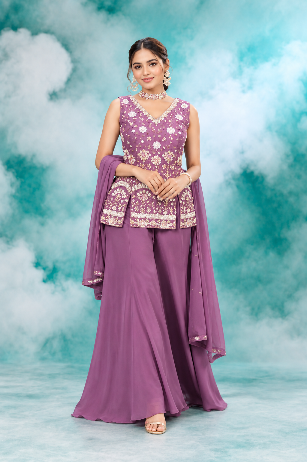 Lavender Embroidered Peplum Sharara Set