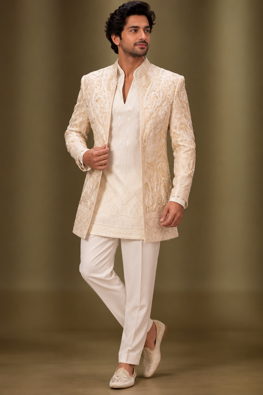 Royal Ivory & Gold Paisley Indo-Western Set