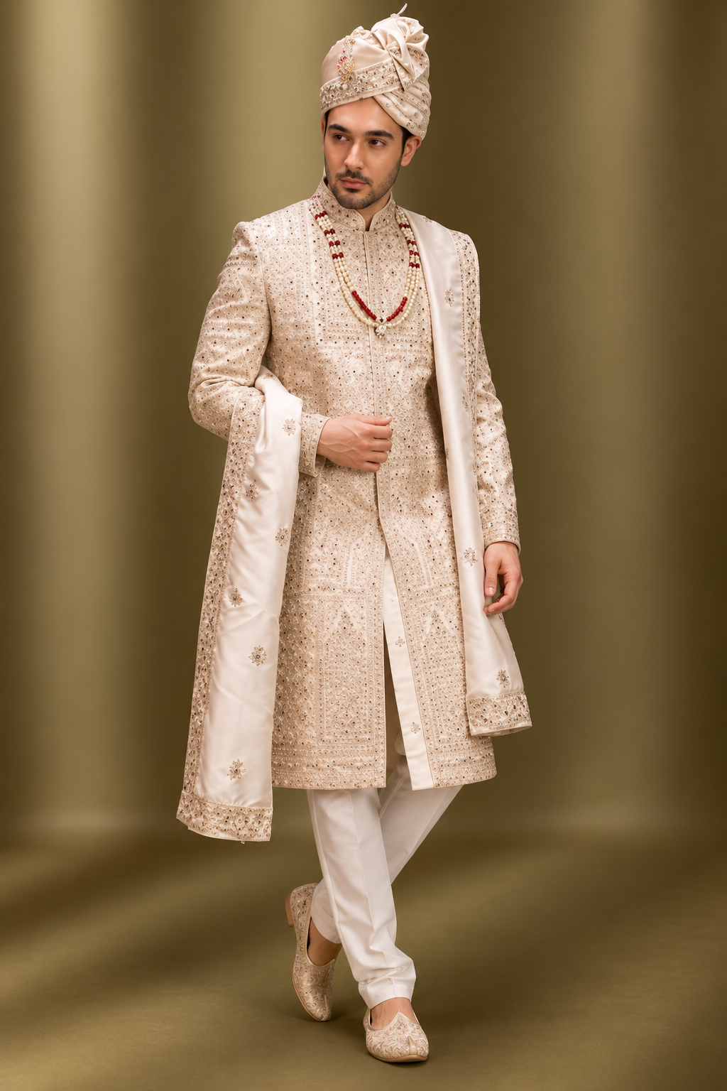 Royal Ivory & Champagne Embellished Wedding Sherwani