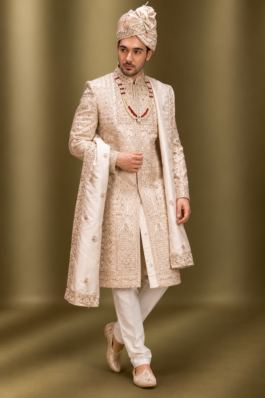 Royal Ivory & Champagne Embellished Wedding Sherwani