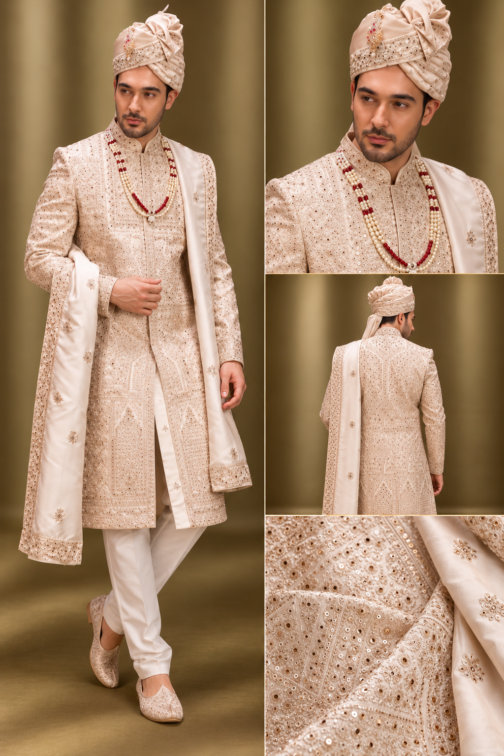 Royal Ivory & Champagne Embellished Wedding Sherwani