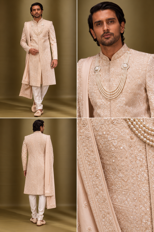 Blush Peach Embroidered Wedding Sherwani