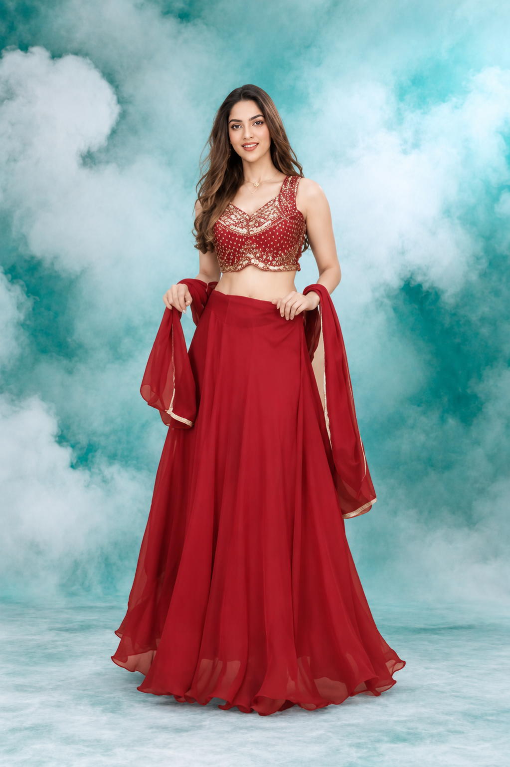 Ruby Red Mirrorwork Lehenga Set