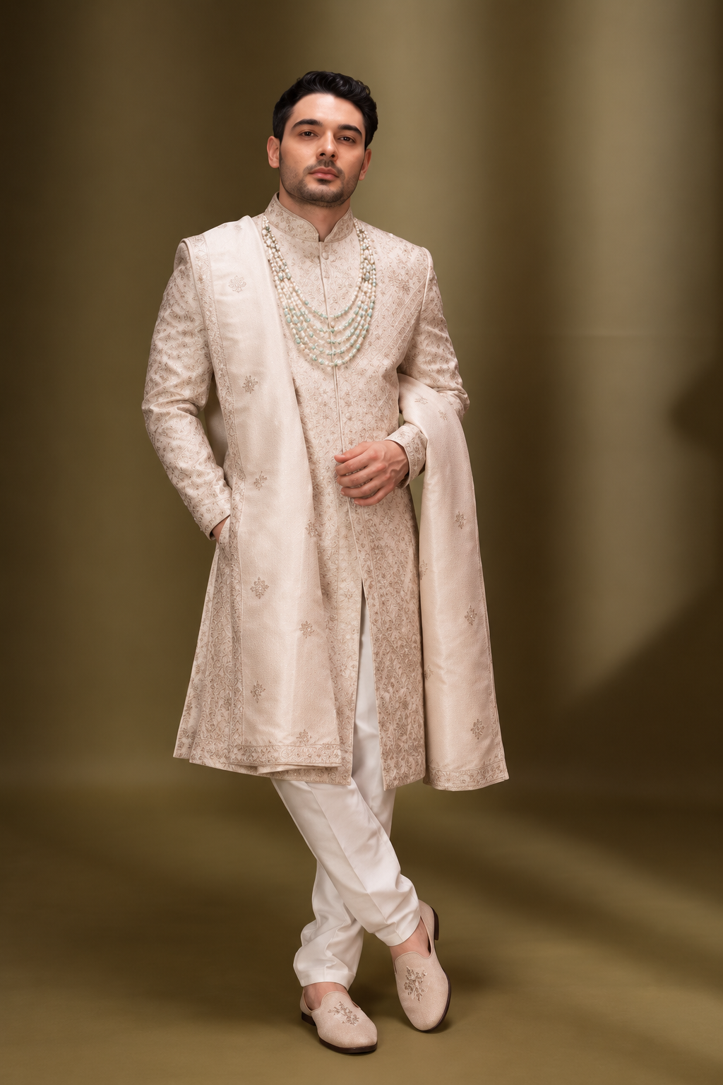 Champagne Beige Embroidered Wedding Sherwani