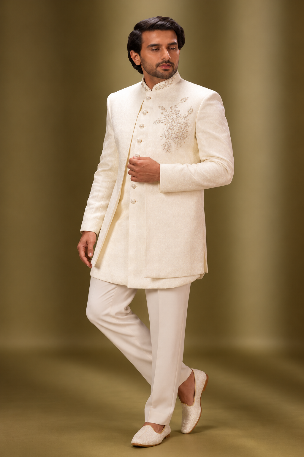 Ivory Floral Embroidered Indo-Western Set