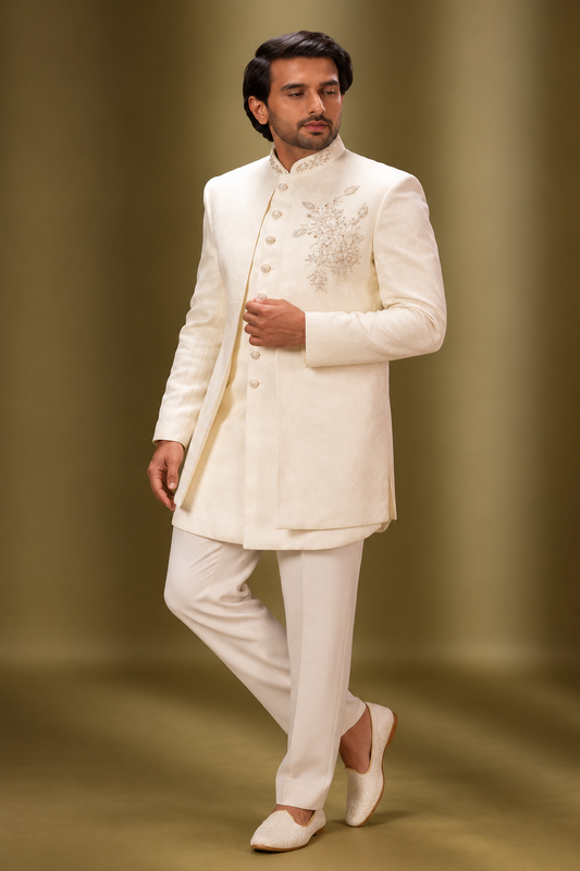 Ivory Floral Embroidered Indo-Western Set