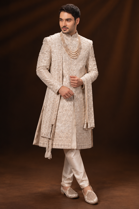 Royal Ivory & Champagne Embroidered Sherwani