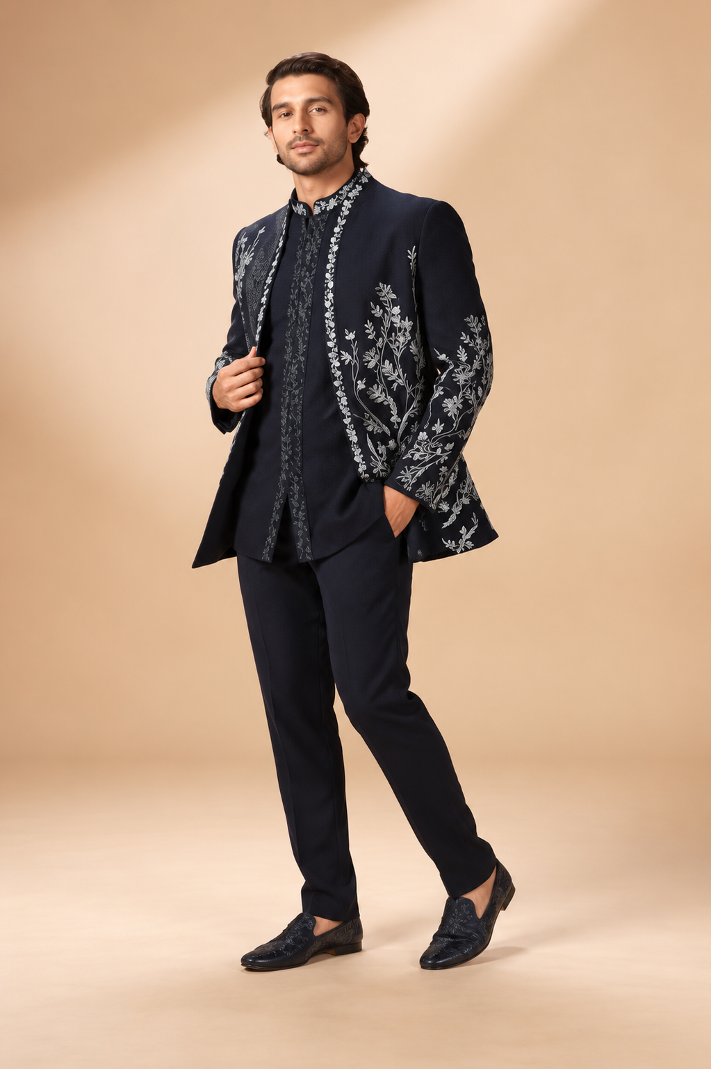 Navy Blue & Silver Floral Embroidered Indo-Western Set