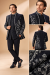 Navy Blue & Silver Floral Embroidered Indo-Western Set