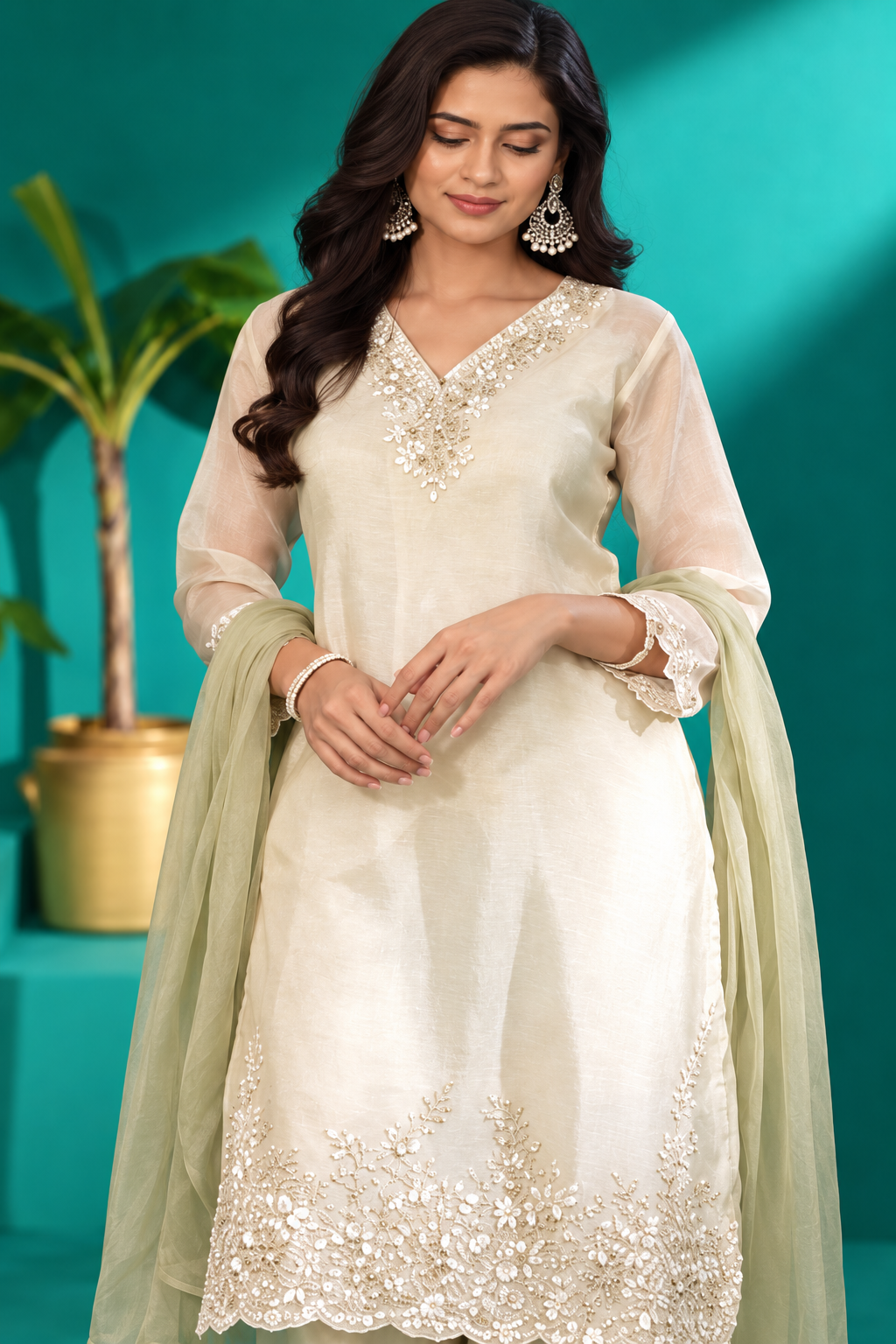 Ivory Elegance Embroidered Dupatta Set