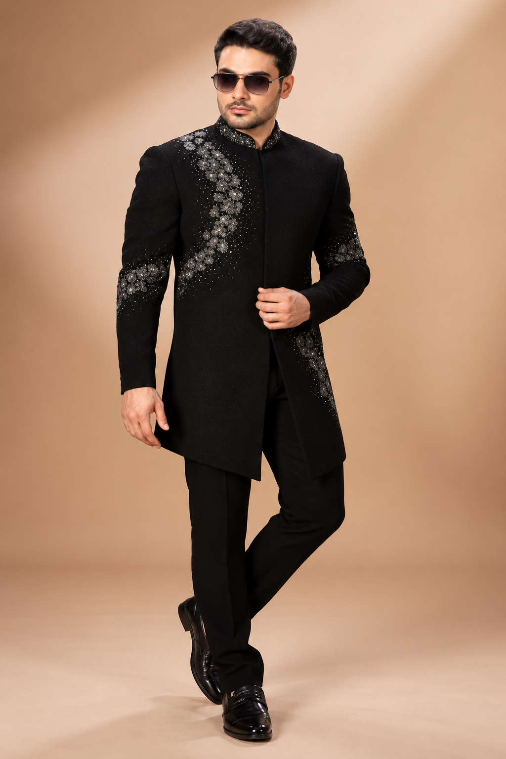 Black & Silver Floral Embellished Indo-Western Set