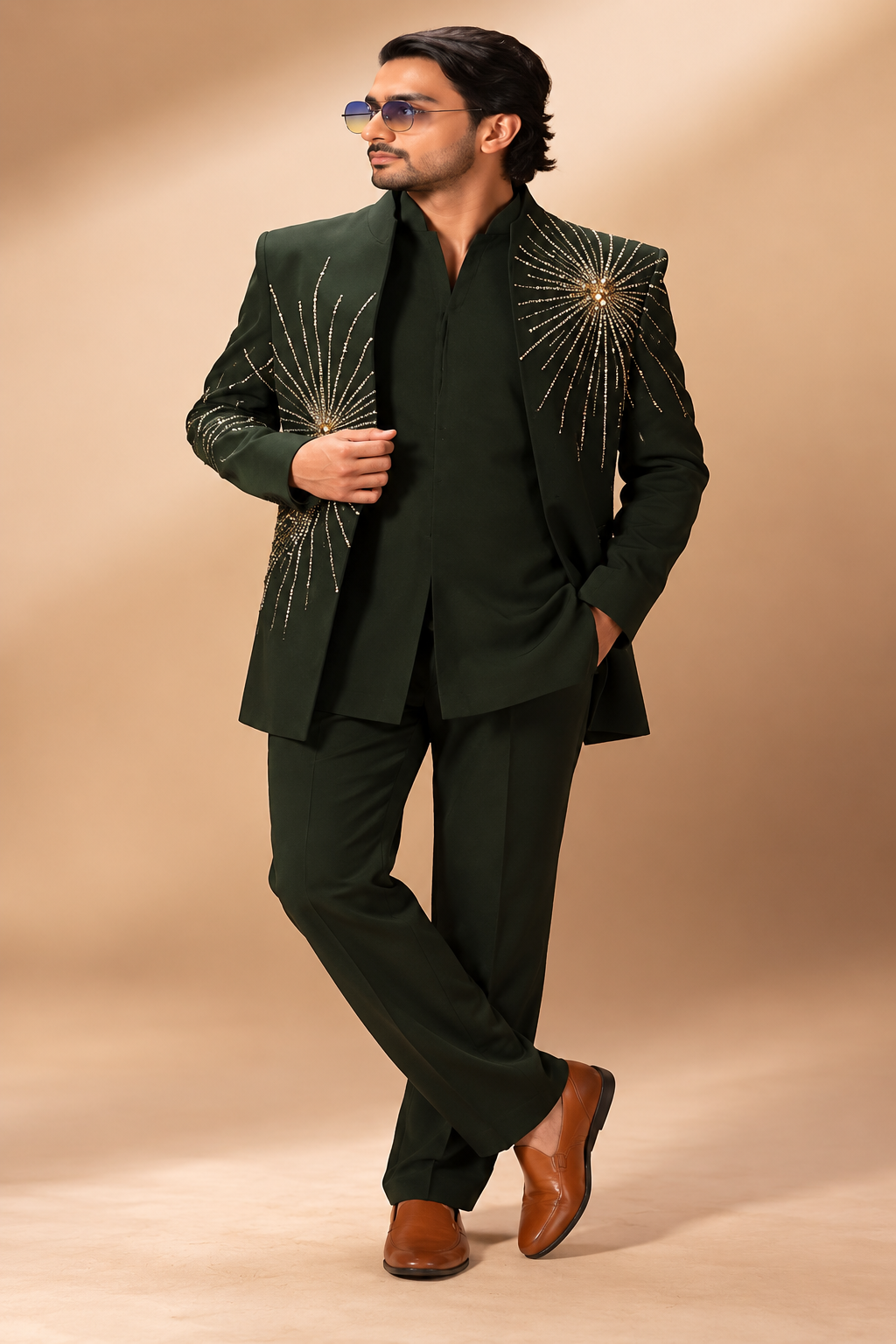 Bottle Green & Gold Starburst Indo-Western Set
