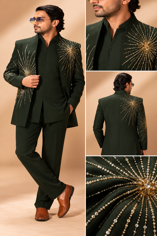 Bottle Green & Gold Starburst Indo-Western Set