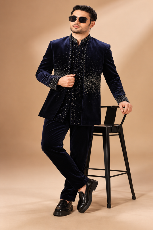 Midnight Blue Velvet Embellished Indo-Western Set