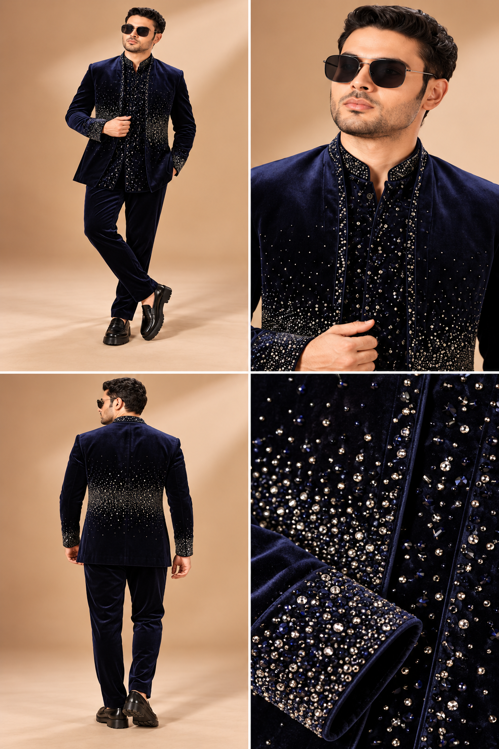 Midnight Blue Velvet Embellished Indo-Western Set