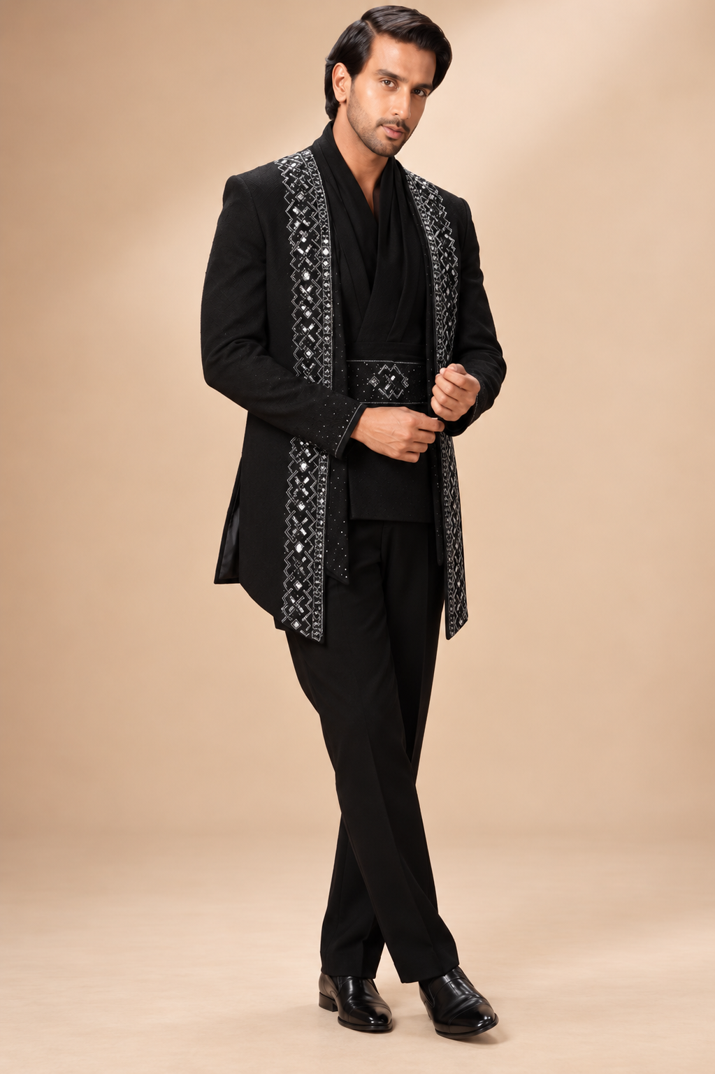 Black & Silver Geometric Embellished Indo-Western Set