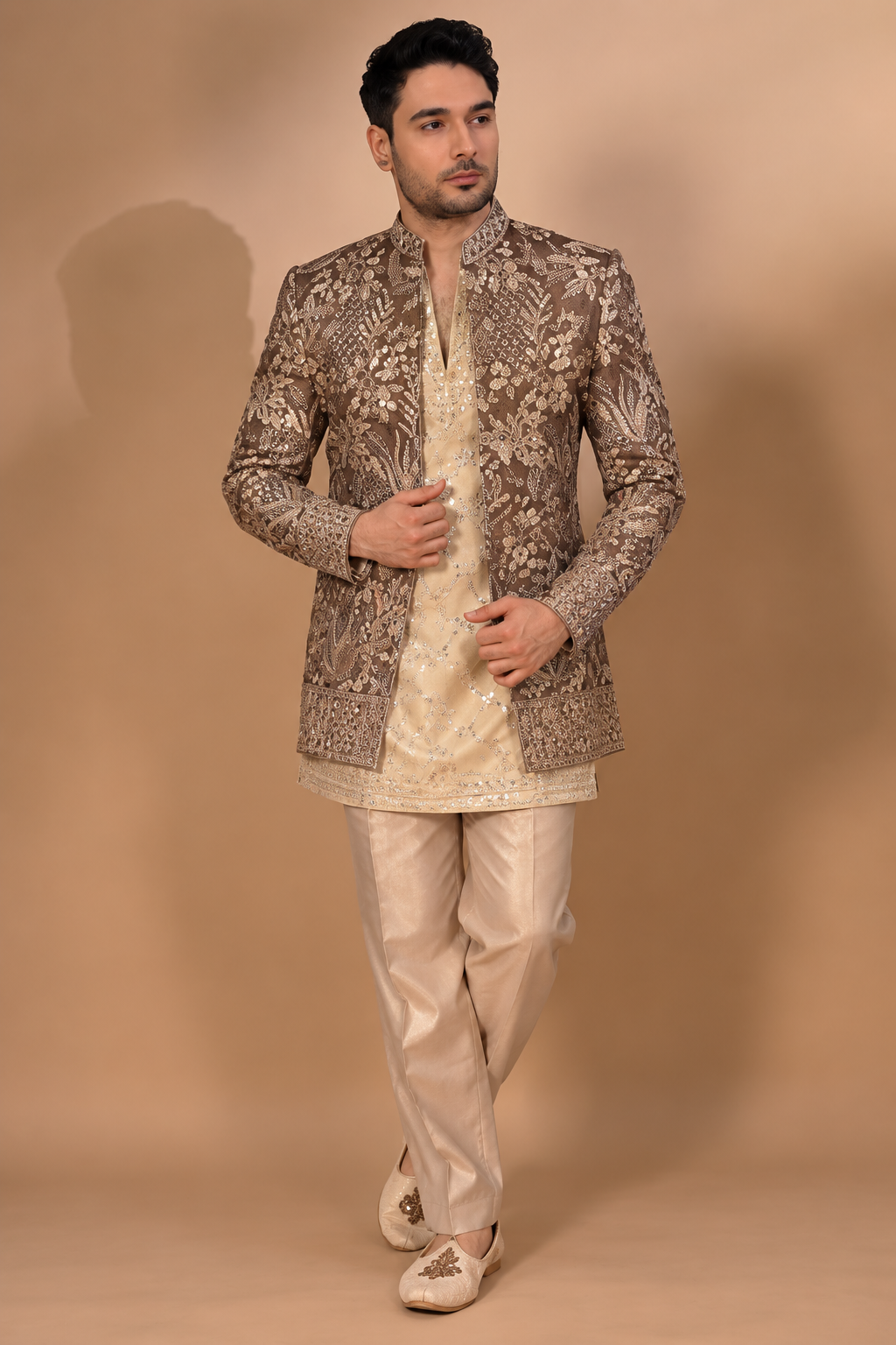 Mocha Brown & Champagne Embroidered Indo-Western Set