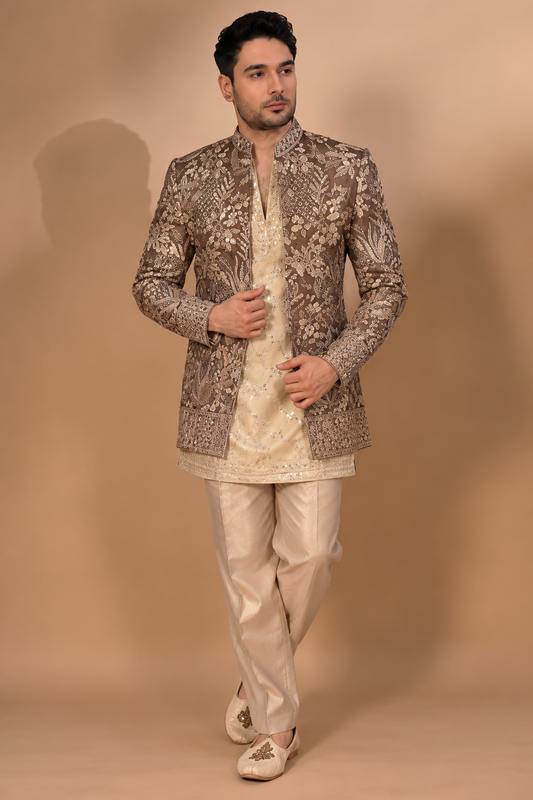 Mocha Brown & Champagne Embroidered Indo-Western Set