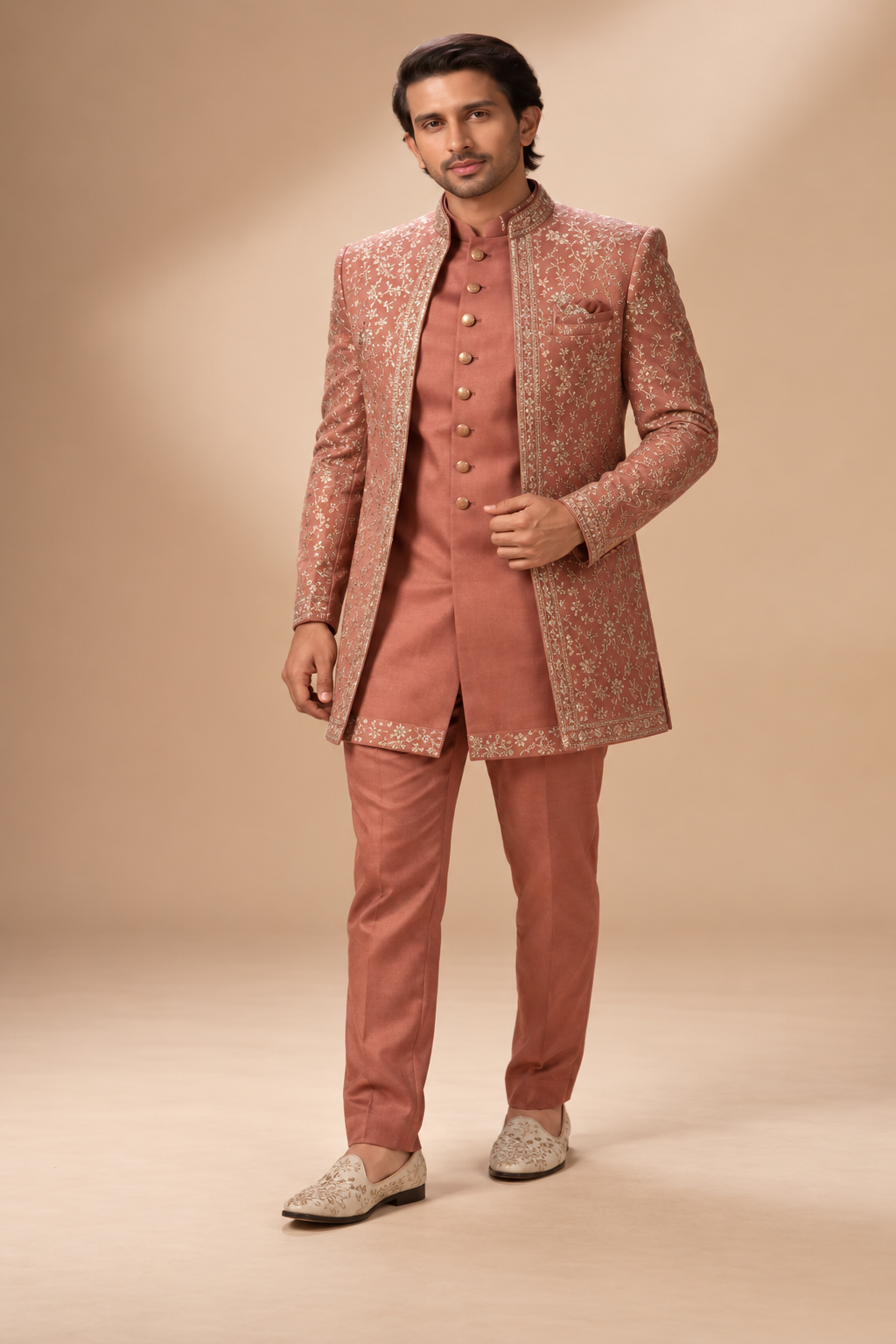 Terracotta Rose & Gold Embroidered Indo-Western Set