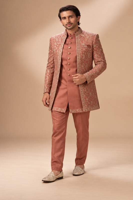 Terracotta Rose & Gold Embroidered Indo-Western Set
