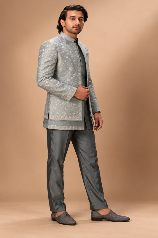 Silver Grey Floral Embroidered Indo-Western Set