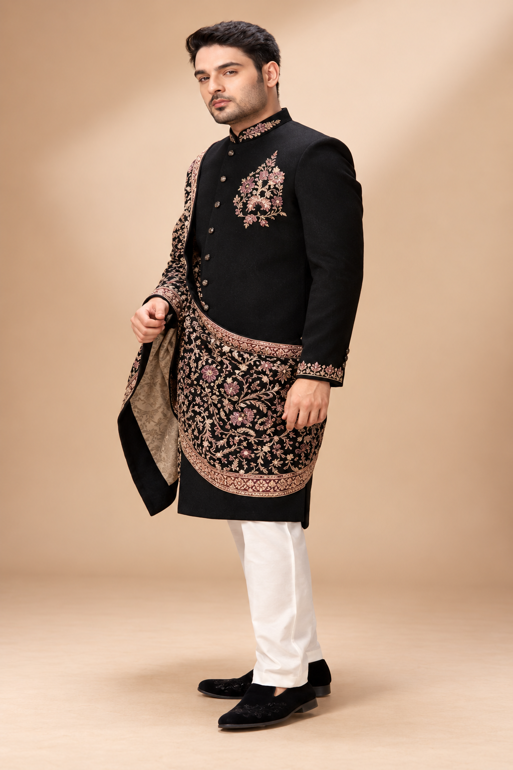 Royal Black Embroidered Indo-Western Sherwani