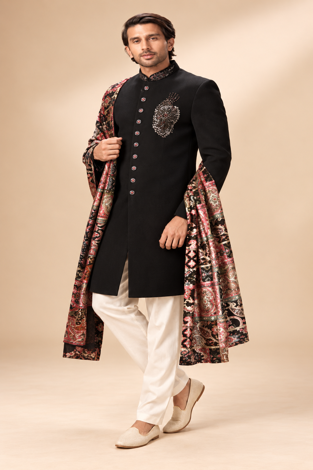 Regal Black Achkan with Printed Shawl